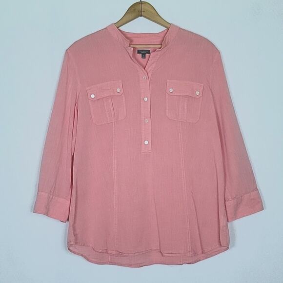 Talbots Tops - Talbots Pink Cotton Henley Popover Blouse Roll Tab 3/4 Sleeves Size 16